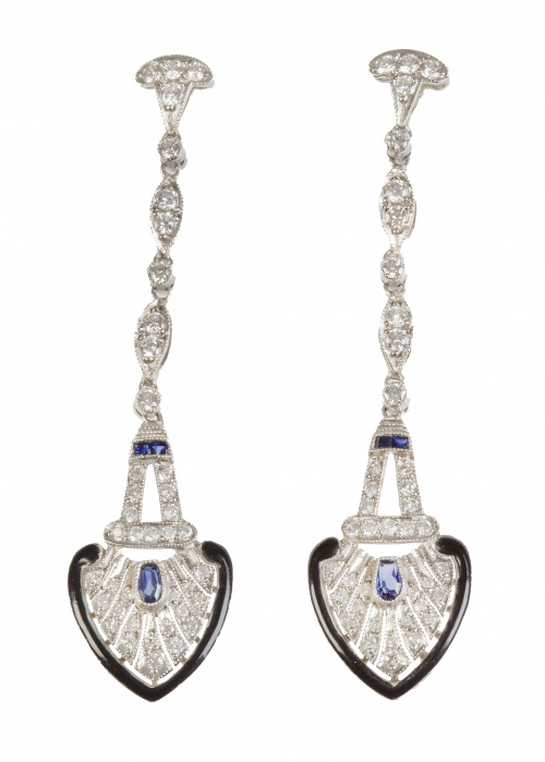 Pendientes largos Art-Decó de zafiros y brillantes con punt