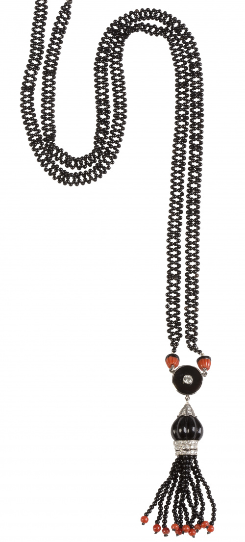 Collar largo estilo Art-Decó de ónix coral y brillantes, co