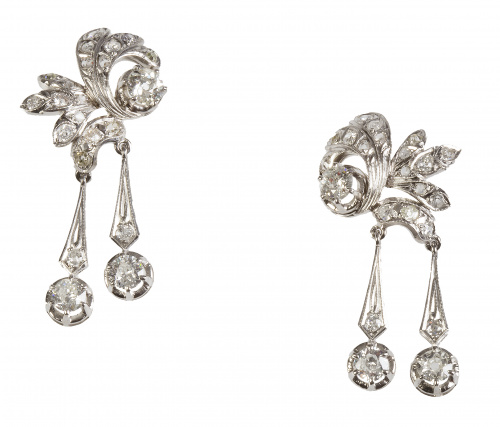 Pendientes largos años 40 de platino y brillantes con abani