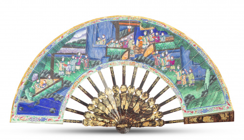 Abanico "mil caras" con país pintado, marfil aplicado y pin