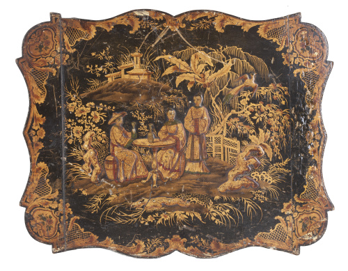 Panel lacado y dorado con escena palaciega.Trabajo canton