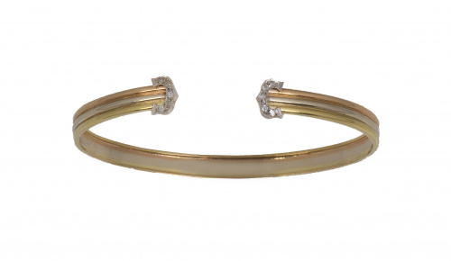 Pulsera rígida abierta tipo Cartier en oro tricolor con rem