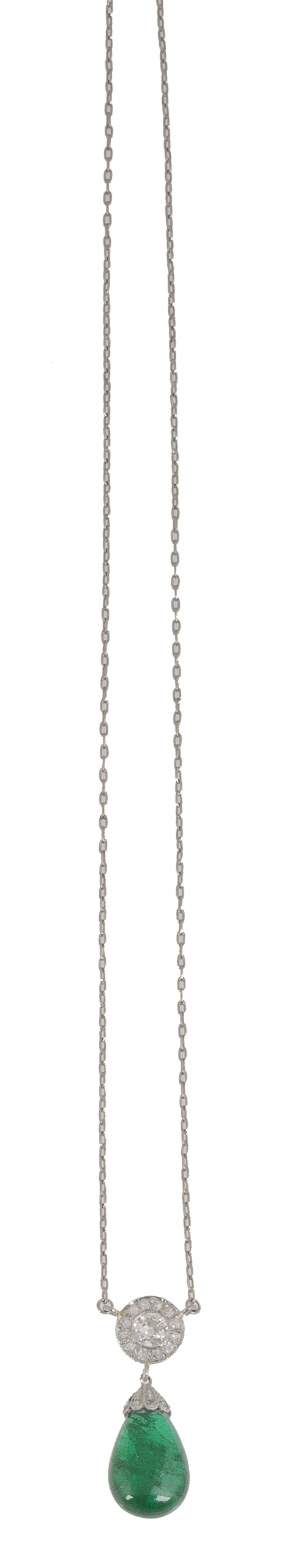 Pendentif con rosetón de brillantes del que pende una peril