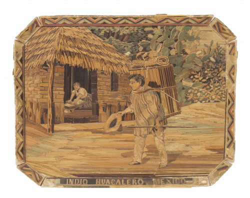 Escena popular en paja con inscripción "INDIO HUACALERO. ME