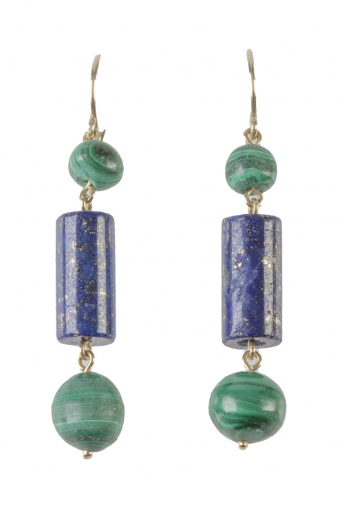 Pendientes largos con cilindro de lapislázuli entre dos esf