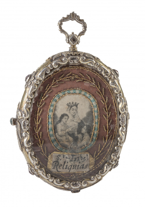 Relicario con marco de plata con piedras simuladas en cabuj