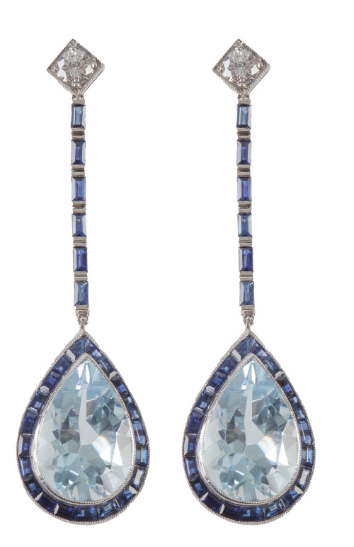 Pendientes largos estilo Art-Decó con perilla de aguamarill