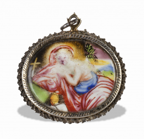 "Magdalena penitente"Placa de esmalte con marco de plata 