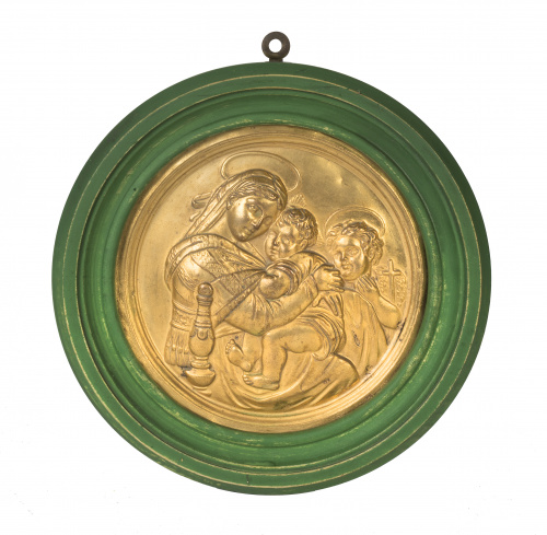 Según Rafael Sanzio, la Virgen de la Silla, placa de bronce