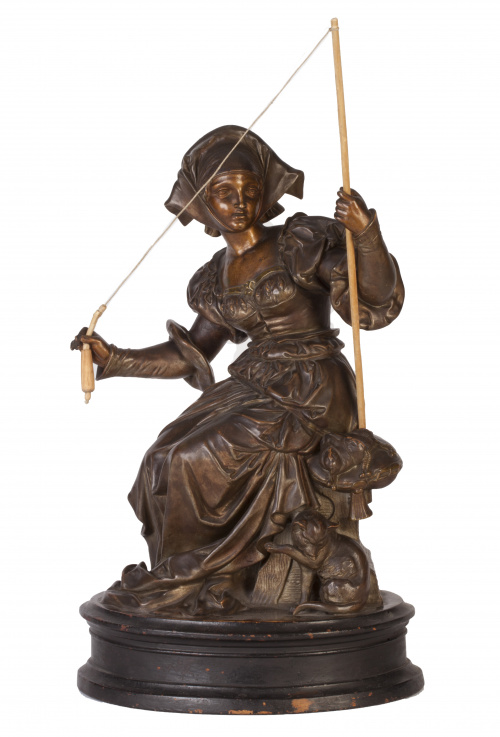 Escultura representando una hilandera en bronce.pp. del S