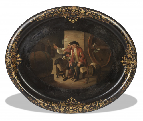 Bandeja de latón pintada y dorada, decorada con una escena 