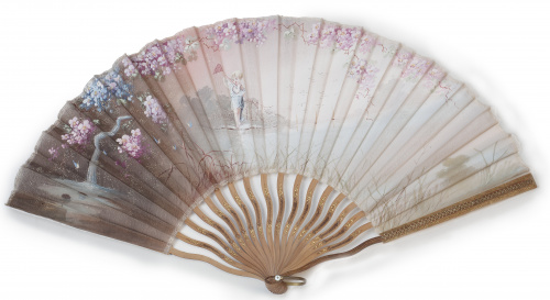 Abanico con varillaje de madera y país de seda pintada, h. 