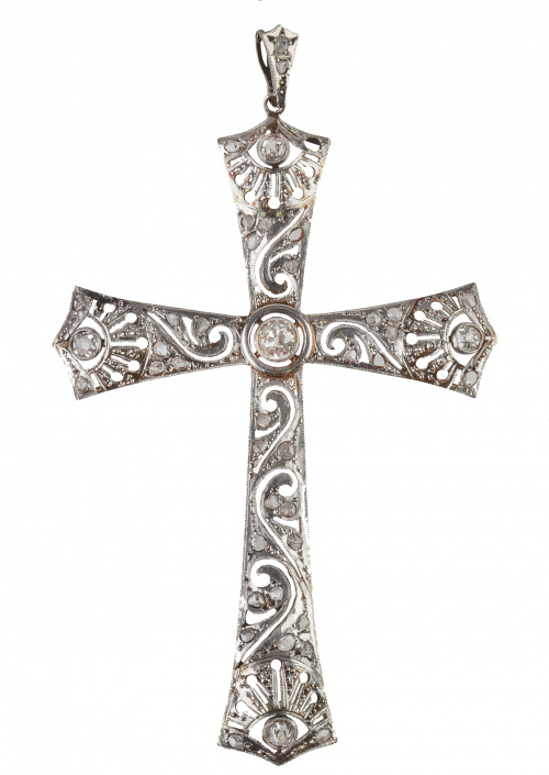 Cruz colgante de pp. S.XX con trabajo calado, diamantes y b