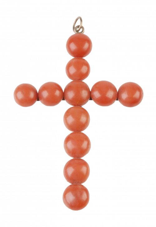 Cruz colgante de pp. S. XX de botones de coral con montura 