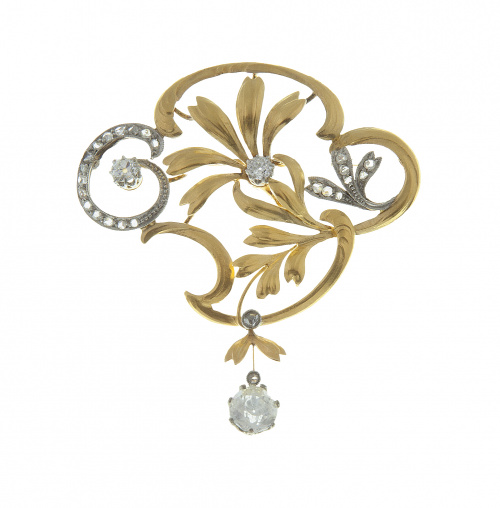 Broche Art Nouveau con diseño floral adornado con diamantes