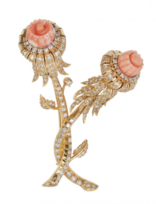 Broche con diseño de flores de cardo de coral y brillantes