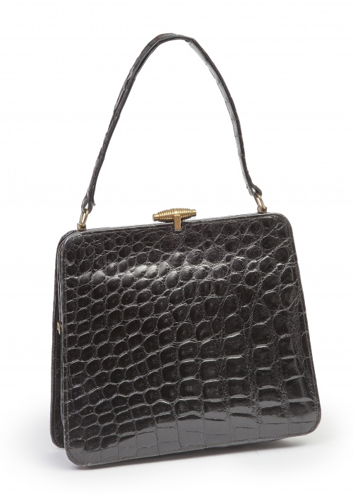 Bolso de piel de cocodrilo salvaje color negro con asa corta