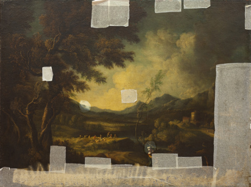 ESCUELA ITALIANA, SIGLO XVIIPaisaje con rebaño de ovejas 