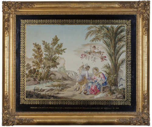 "Descanso en la huída a Egipto".Bordado en hilos de color