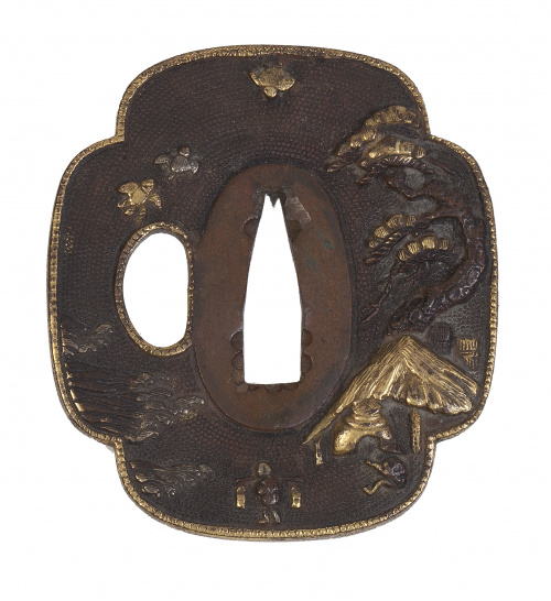 Tsuba o guardamano de catana japonesa en Shibuichi parcialm