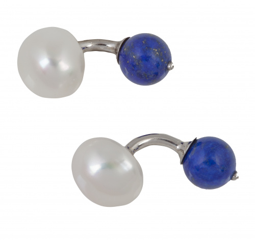  Gemelos dobles con perla abotonada y esfera de lapislázuli