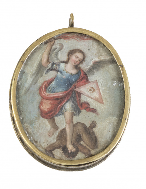 Medalla devocional, pintada sobre cobre, representa a San M