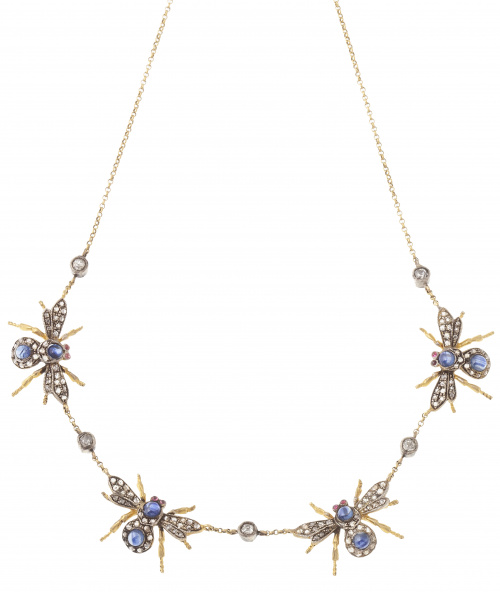 Collar con centro de cuatro moscas de zafiros y diamante, u