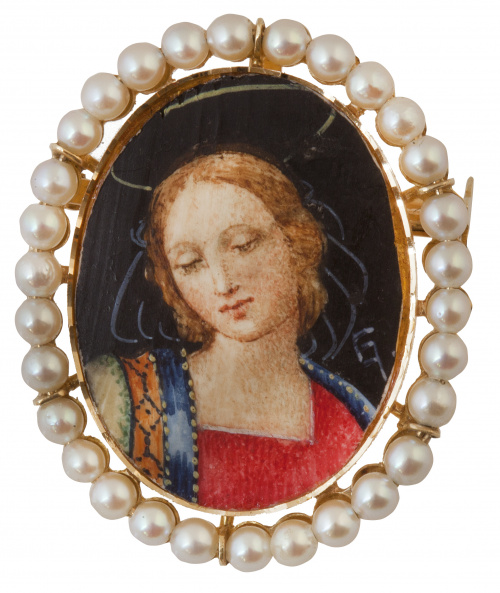 Broche-colgante con con dama pintada sobre marfil siguiendo