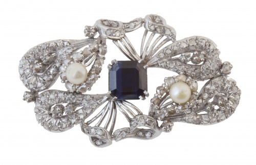  Broche placa años 30 con diamantes y un zafiro sintético c