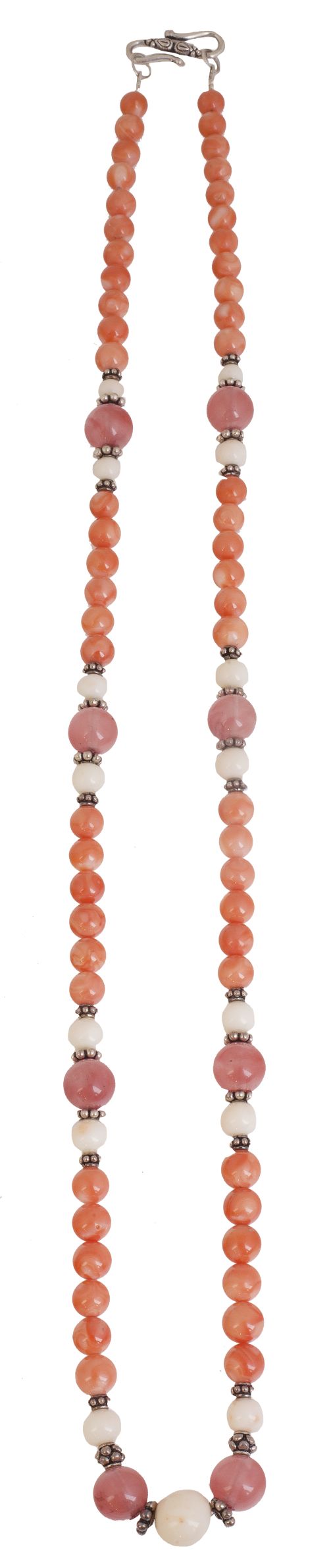 Collar largo con cuentas de coral rosa, rodocrosita con cue