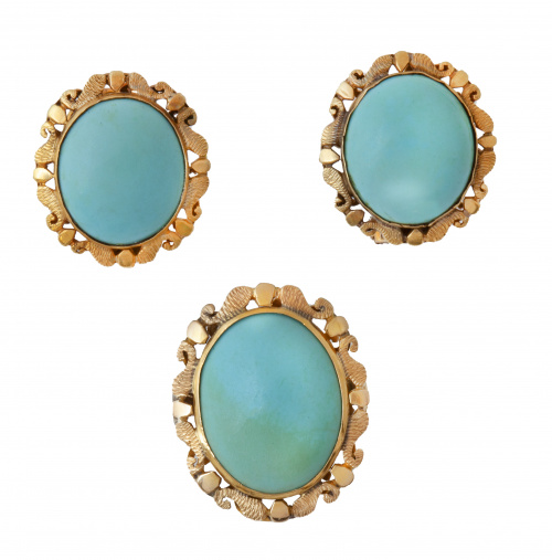 Conjunto de pendientes y sortija de cabuchones de turquesa 