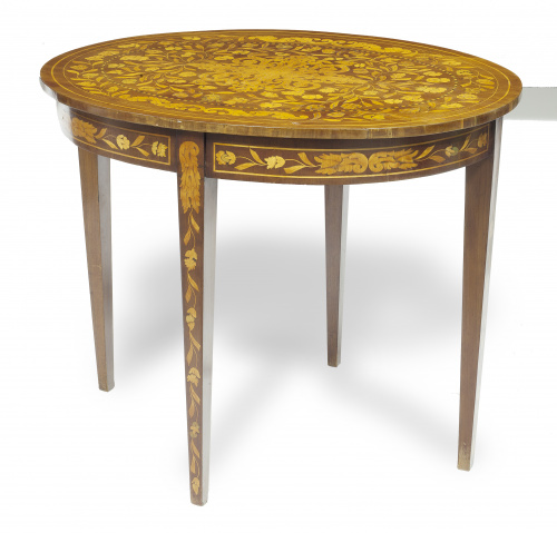 Velador de madera de caoba con marquetería floral.Trabajo