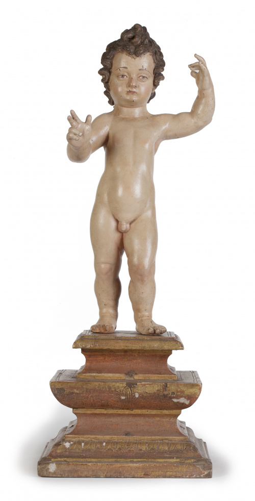 "Niño Jesús bendiciendo".Escultura en madera tallada y po
