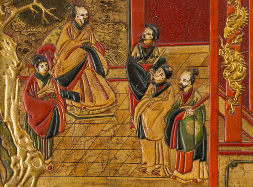 Biombo de seis hojas en madera y laca "Coromandel" con deco