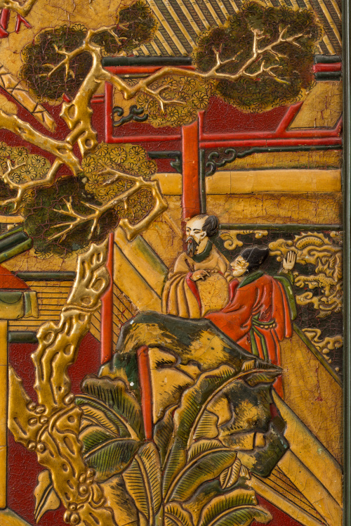 Biombo de seis hojas en madera y laca "Coromandel" con deco