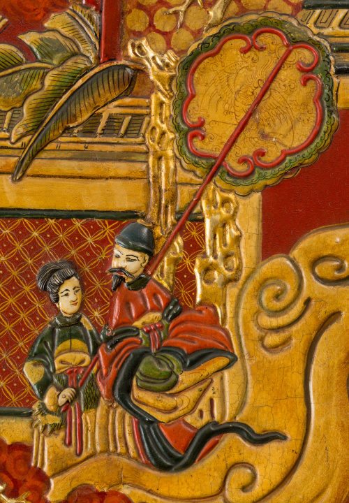 Biombo de seis hojas en madera y laca "Coromandel" con deco