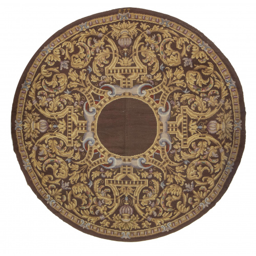 Alfombra circular de nudo español, en lana firmada R.F.T. (