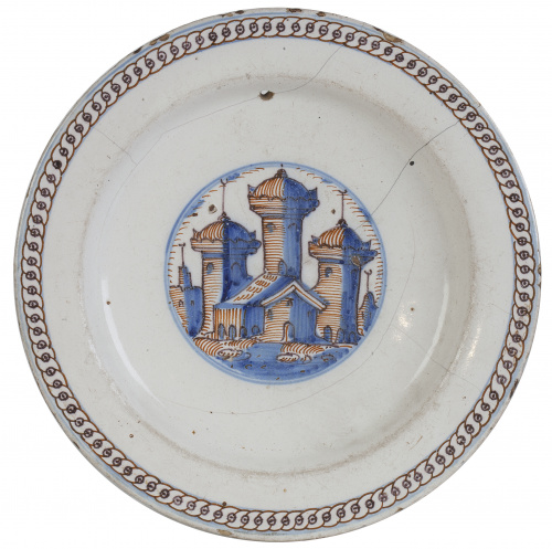 Plato de cerámica esmaltada de la serie tricolor.Talavera