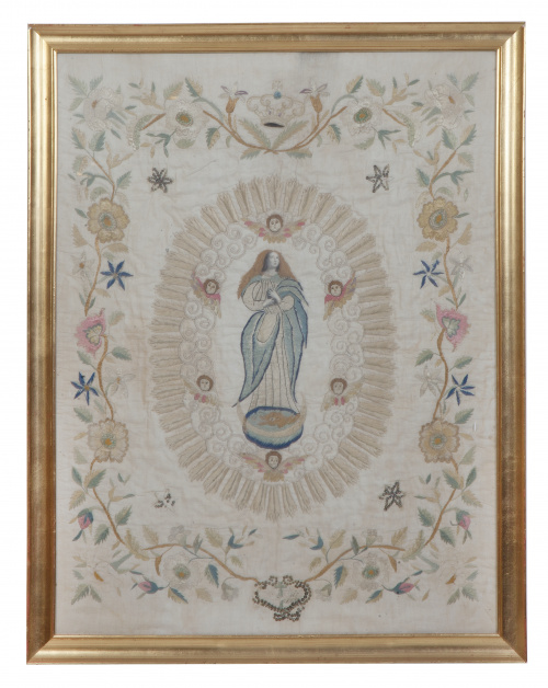 Virgen Inmaculada.Seda bordada con hilos y aplicación de 
