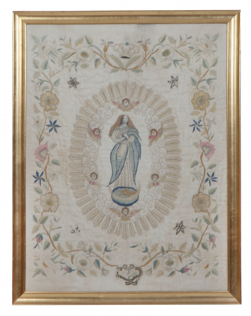 Virgen Inmaculada.Seda bordada con hilos y aplicación de 