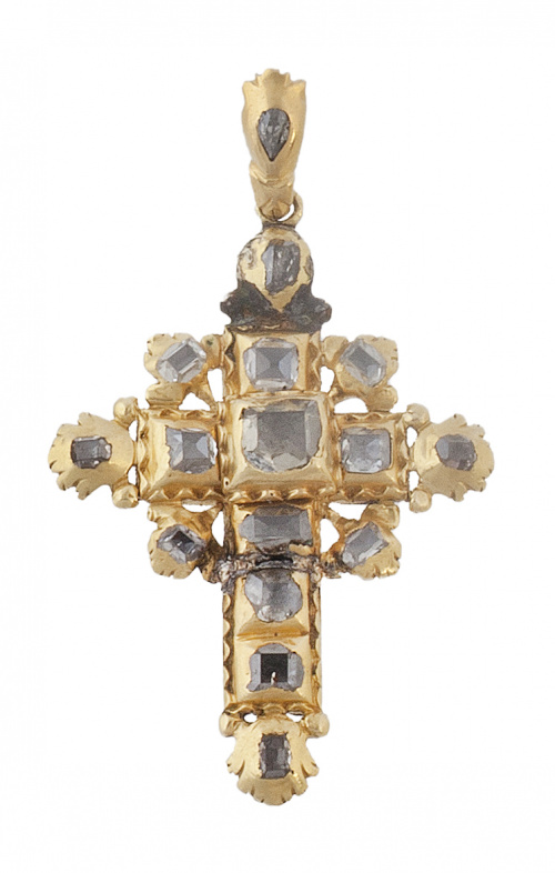 Cruz colgante S. XVIII de diamantes tabla y oro 