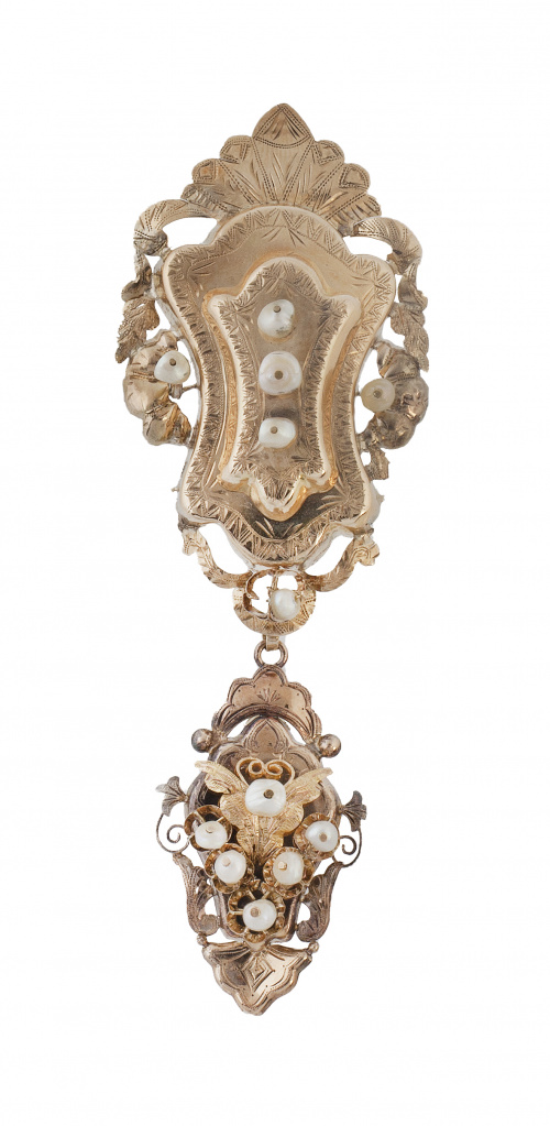 Broche S. XIX a modo de escudo con colgante floral, adornad