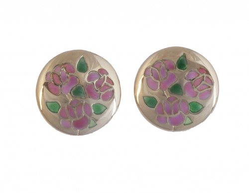 Pendientes circulares con flores de esmalte rosa y verde