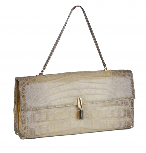 Bolso pequeño de piel de cocodrilo color marfil con asa cor