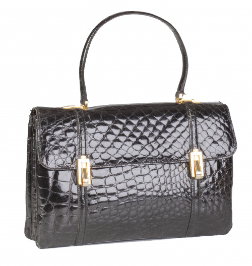 Bolso de piel de cocodrilo negro con asa corta y dos cierre