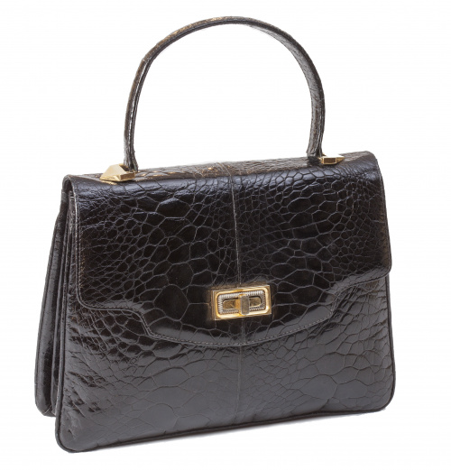 Bolso de piel de cocodrilo negro con asa corta y cierre fro