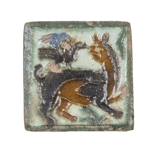 Olambrilla de cetrería de cerámica esmaltada en ocre, verde