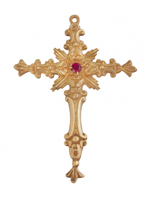 Cruz pectoral en plata dorada con diseño barroco. Punzones 