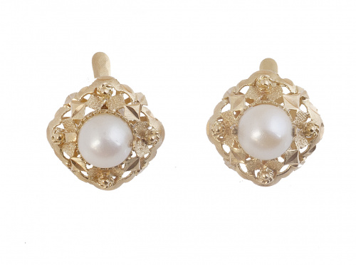 Pendientes con perla central sobre marco cuadrangular calad