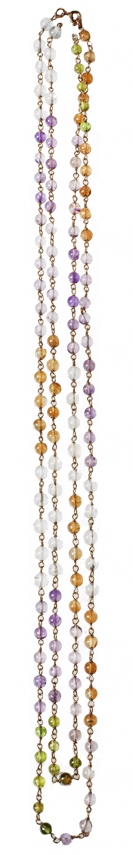 Collar largo de cuentas esféricas de aguamarinas, amatistas